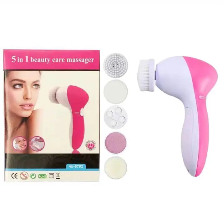 Pink 5-in-1 Electric Facial Cleansing Brush - Rotating Face Scrubber with 5 Interchangeable Heads for Deep Pore Cleaning, Exfoliating & Massaging - Battery Operated (2 x AA, Not Included) Wholesale Hub