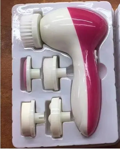 Pink 5-in-1 Electric Facial Cleansing Brush - Rotating Face Scrubber with 5 Interchangeable Heads for Deep Pore Cleaning, Exfoliating & Massaging - Battery Operated (2 x AA, Not Included) Wholesale Hub