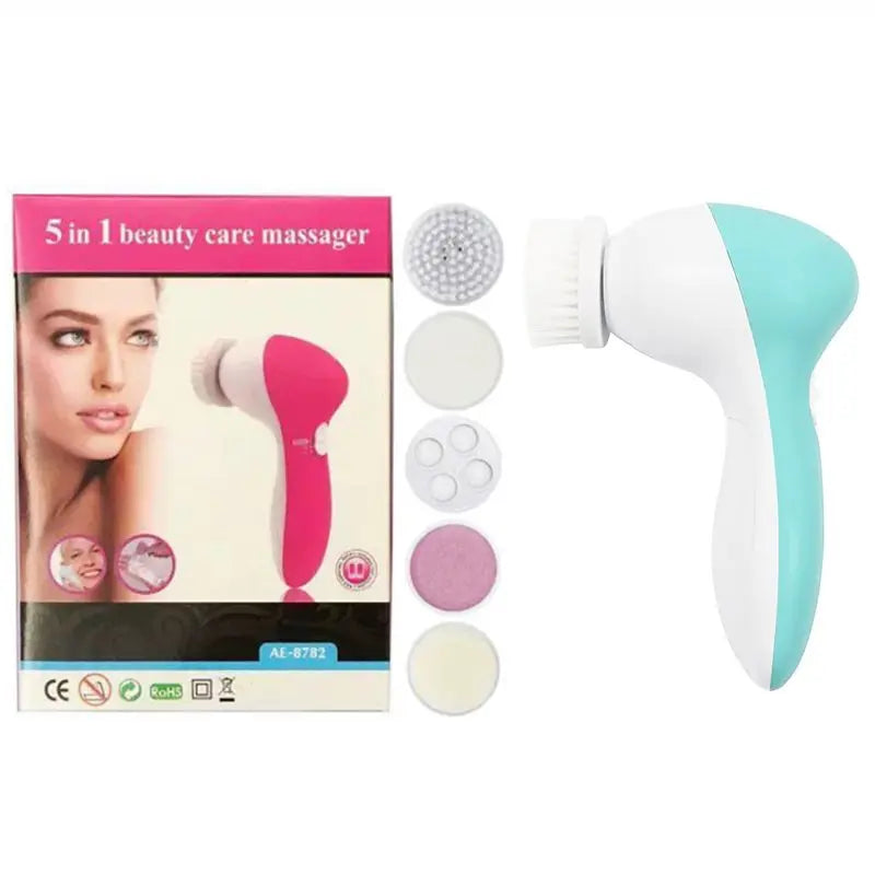 Green 5-in-1 Electric Facial Cleansing Brush - Rotating Face Scrubber with 5 Interchangeable Heads for Deep Pore Cleaning, Exfoliating & Massaging - Battery Operated (2 x AA, Not Included) Wholesale Hub