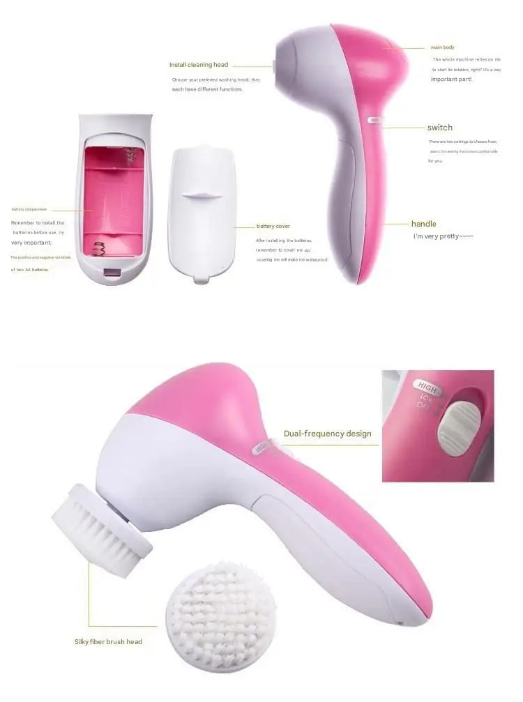 Green 5-in-1 Electric Facial Cleansing Brush - Rotating Face Scrubber with 5 Interchangeable Heads for Deep Pore Cleaning, Exfoliating & Massaging - Battery Operated (2 x AA, Not Included) Wholesale Hub