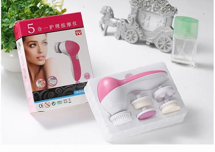 Green 5-in-1 Electric Facial Cleansing Brush - Rotating Face Scrubber with 5 Interchangeable Heads for Deep Pore Cleaning, Exfoliating & Massaging - Battery Operated (2 x AA, Not Included) Wholesale Hub