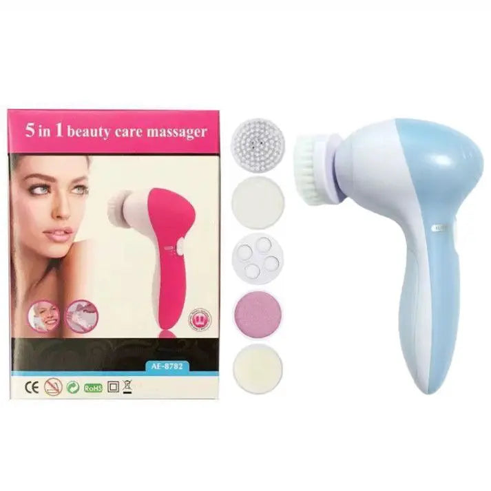 Blue 5-in-1 Electric Facial Cleansing Brush - Rotating Face Scrubber with 5 Interchangeable Heads for Deep Pore Cleaning, Exfoliating & Massaging - Battery Operated (2 x AA, Not Included) Wholesale Hub