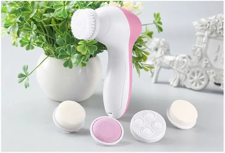 Blue 5-in-1 Electric Facial Cleansing Brush - Rotating Face Scrubber with 5 Interchangeable Heads for Deep Pore Cleaning, Exfoliating & Massaging - Battery Operated (2 x AA, Not Included) Wholesale Hub