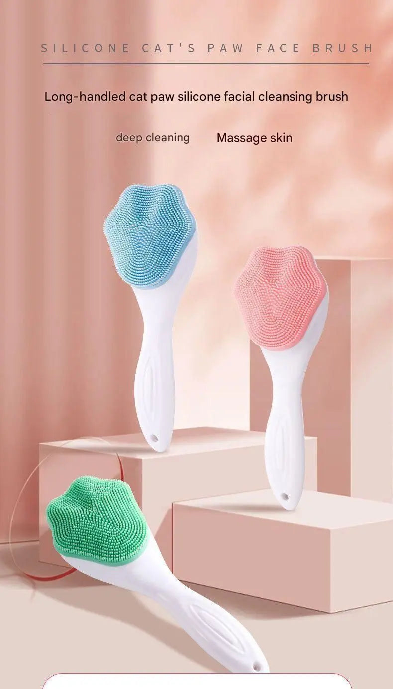 Green Silicone Cat Paw Face Brush - Long Handle Manual Facial Cleanser for Deep Pore Cleaning, Exfoliating & Massaging - Soft Bristles for Blackhead Removal, Gentle on Skin, Travel Friendly Wholesale Hub