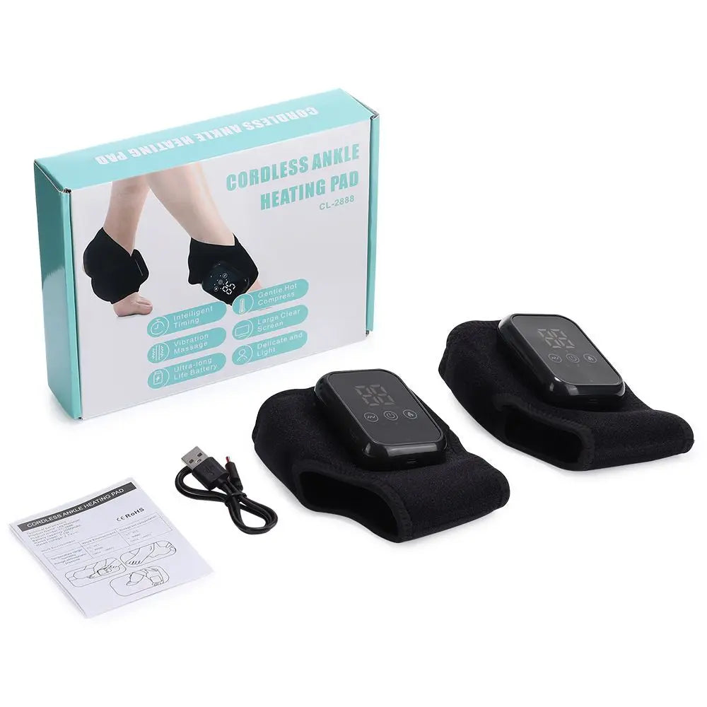 Black 2-piece Wireless Electric Ankle Massager with Heat and Vibration - 3 Heating Levels, 3 Vibration Modes, 15 Min Timer, 2000mAh Rechargeable Battery - Cordless Foot and Ankle Pain Relief Wrap for Men and Women Wholesale Hub