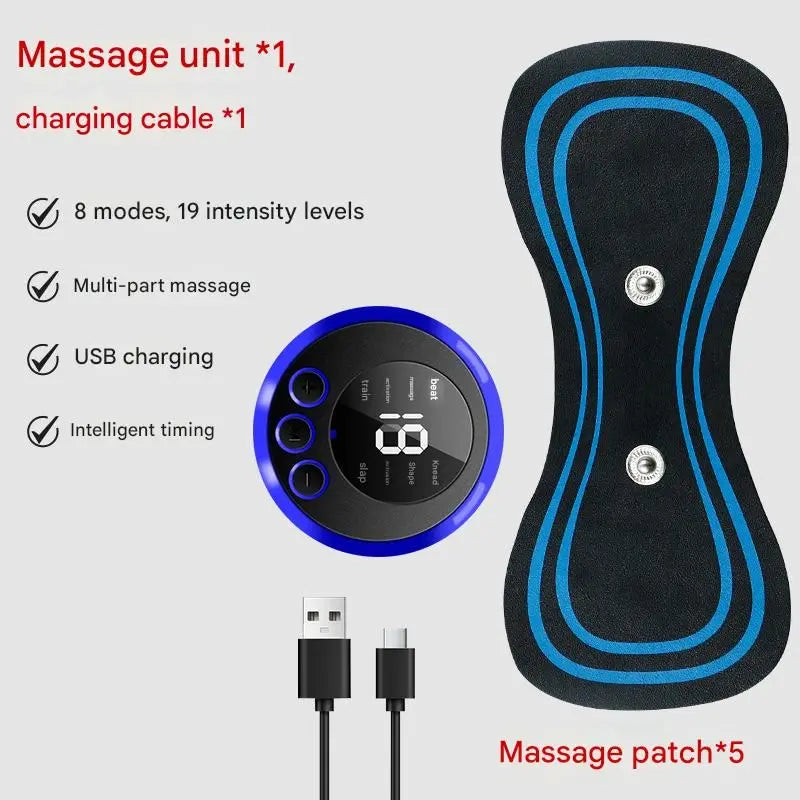 7-pack Black and Blue Mini Massage Patch - Portable Smart Neck & Shoulder Massager with 8 Modes, 19 Intensity Levels, USB Rechargeable, PU & PET Material for Muscle Relief Wholesale Hub