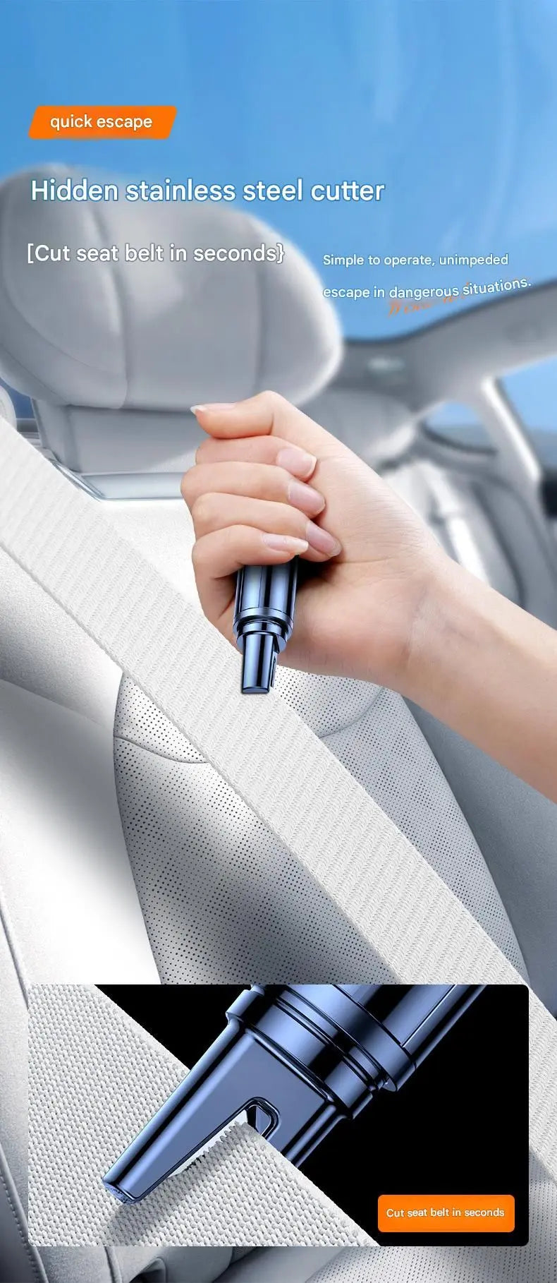 Black 2-in-1 Car Window Breaker and Seatbelt Cutter - Tungsten Steel Tip, Compact Emergency Escape Tool for Vehicle Safety, Portable Survival Hammer Wholesale Hub