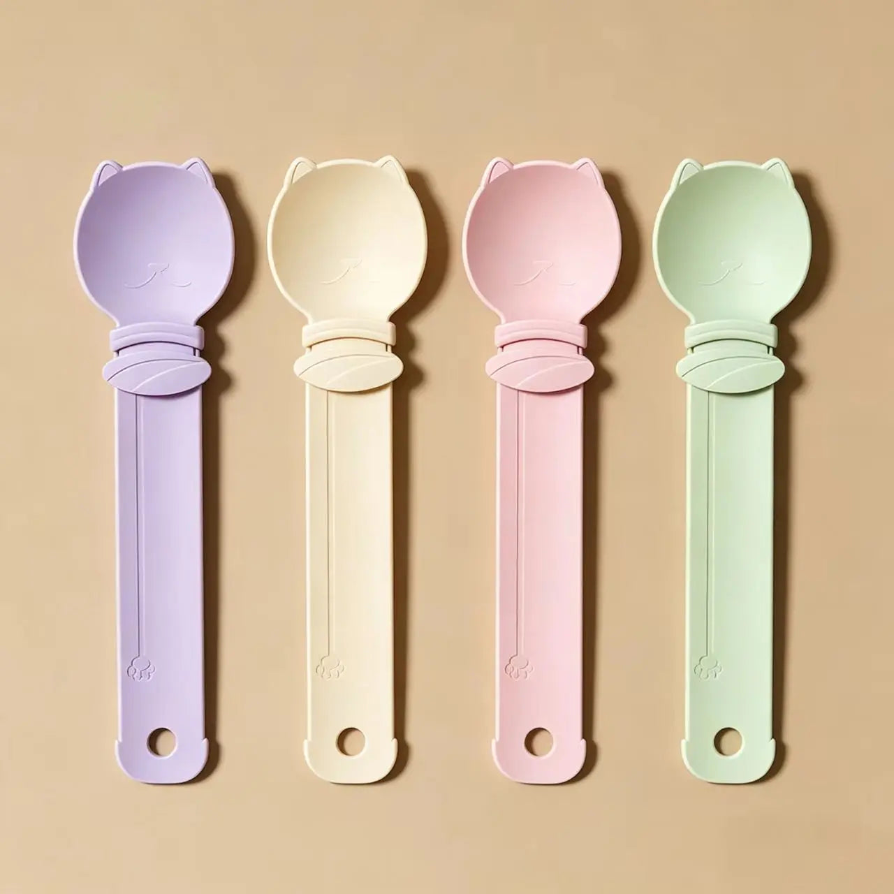 4-piece Beige and Pink and Green and Purple- Cat Treat Spoon for Wet Food & Paste - Extra-Long PP Handle, Food-Grade Squeeze Feeder with Anti-Spill Bowl, Easy One-Handed Operation for Cats Wholesale Hub