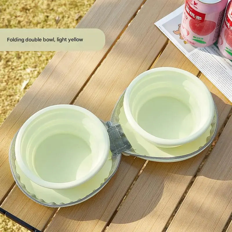 Light Yellow Portable Collapsible Silicone Pet Bowl - Food Grade Silicone - Dual Bowl Design, Adjustable Height, Lightweight & Compact, Bear Paw Pattern, for Dogs & Cats, Travel Friendly, Easy Clean Wholesale Hub