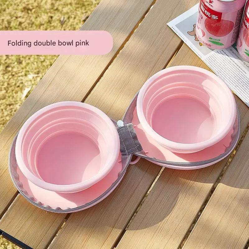 Pink Portable Collapsible Silicone Pet Bowl - Food Grade Silicone - Dual Bowl Design, Adjustable Height, Lightweight & Compact, Bear Paw Pattern, for Dogs & Cats, Travel Friendly, Easy Clean Wholesale Hub