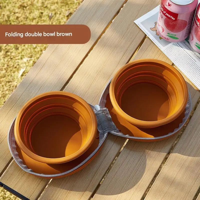 Brown Portable Collapsible Silicone Pet Bowl - Food Grade Silicone - Dual Bowl Design, Adjustable Height, Lightweight & Compact, Bear Paw Pattern, for Dogs & Cats, Travel Friendly, Easy Clean Wholesale Hub
