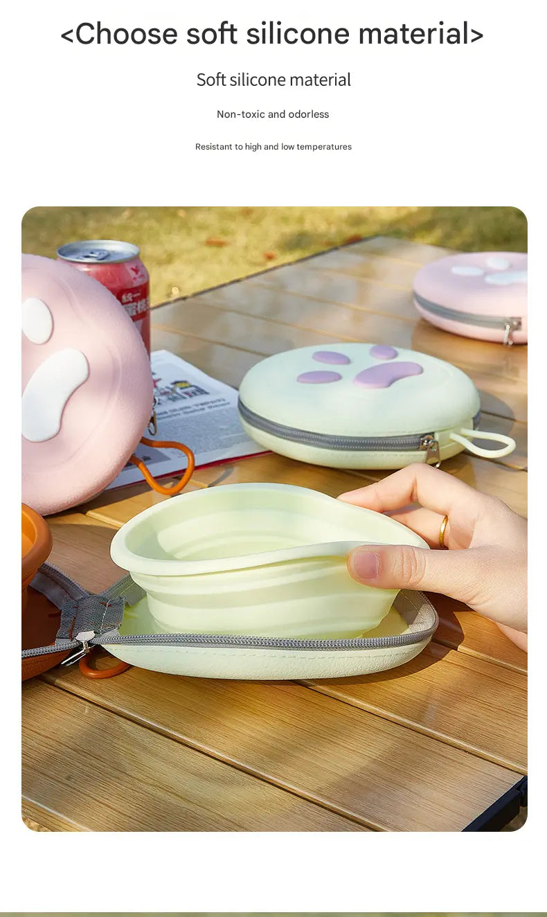 Brown Portable Collapsible Silicone Pet Bowl - Food Grade Silicone - Dual Bowl Design, Adjustable Height, Lightweight & Compact, Bear Paw Pattern, for Dogs & Cats, Travel Friendly, Easy Clean Wholesale Hub