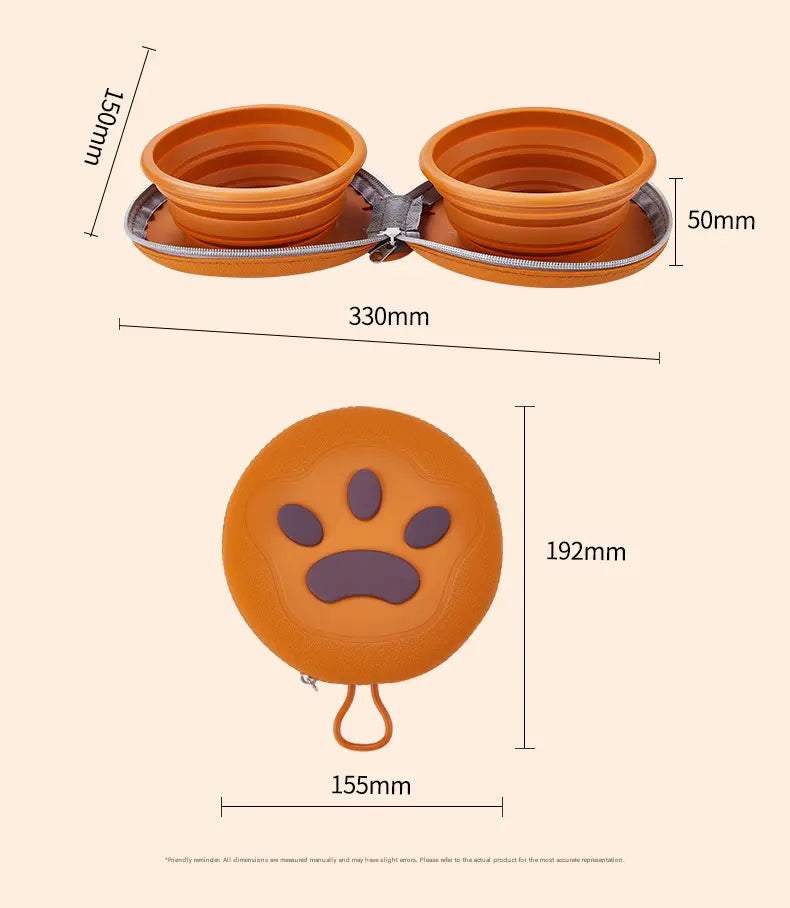 Brown Portable Collapsible Silicone Pet Bowl - Food Grade Silicone - Dual Bowl Design, Adjustable Height, Lightweight & Compact, Bear Paw Pattern, for Dogs & Cats, Travel Friendly, Easy Clean Wholesale Hub