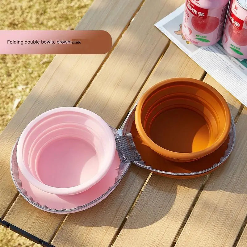 Brown and Pink Portable Collapsible Silicone Pet Bowl - Food Grade Silicone - Dual Bowl Design, Adjustable Height, Lightweight & Compact, Bear Paw Pattern, for Dogs & Cats, Travel Friendly, Easy Clean Wholesale Hub