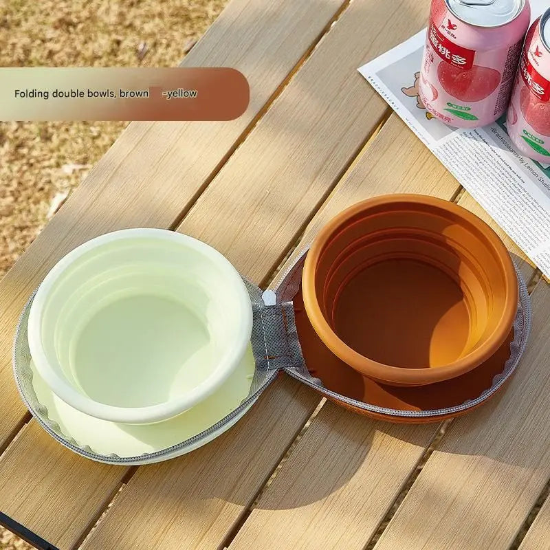Brown and Yellow Portable Collapsible Silicone Pet Bowl - Food Grade Silicone - Dual Bowl Design, Adjustable Height, Lightweight & Compact, Bear Paw Pattern, for Dogs & Cats, Travel Friendly, Easy Clean Wholesale Hub