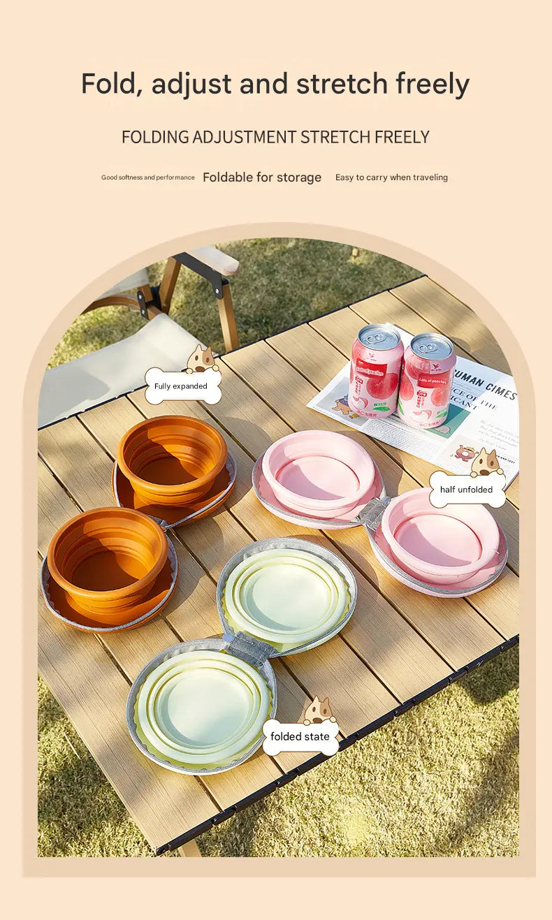 Brown and Yellow Portable Collapsible Silicone Pet Bowl - Food Grade Silicone - Dual Bowl Design, Adjustable Height, Lightweight & Compact, Bear Paw Pattern, for Dogs & Cats, Travel Friendly, Easy Clean Wholesale Hub