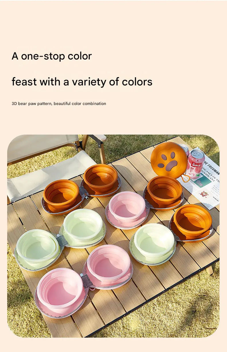 Brown and Yellow Portable Collapsible Silicone Pet Bowl - Food Grade Silicone - Dual Bowl Design, Adjustable Height, Lightweight & Compact, Bear Paw Pattern, for Dogs & Cats, Travel Friendly, Easy Clean Wholesale Hub