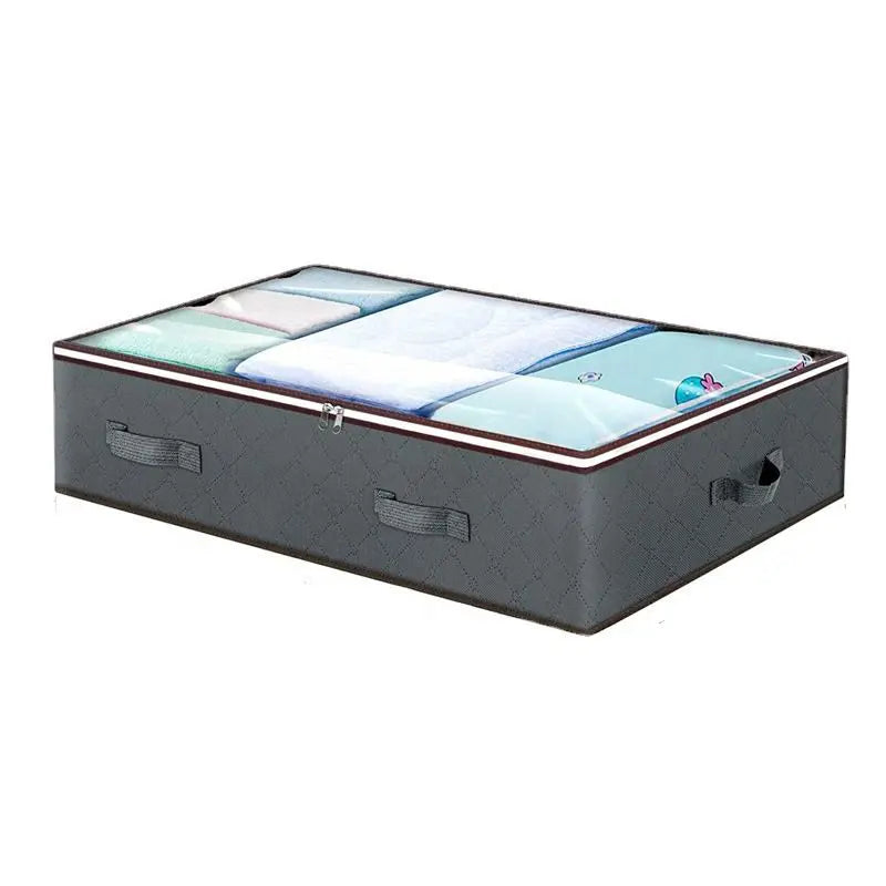 Grey Under Bed Storage Bag - Foldable Underbed Organiser with Clear Window and Handles for Blankets Clothes Wholesale Hub