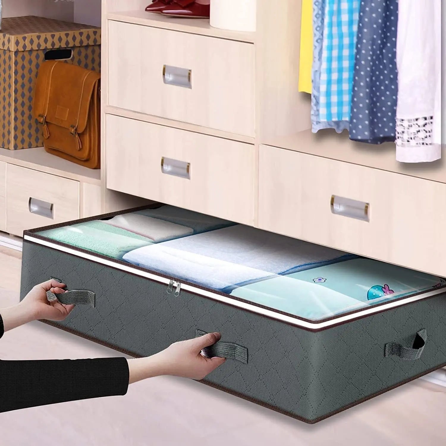 Grey Under Bed Storage Bag - Foldable Underbed Organiser with Clear Window and Handles for Blankets Clothes Wholesale Hub