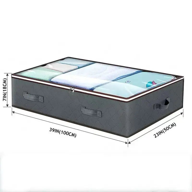 Grey Under Bed Storage Bag - Foldable Underbed Organiser with Clear Window and Handles for Blankets Clothes Wholesale Hub
