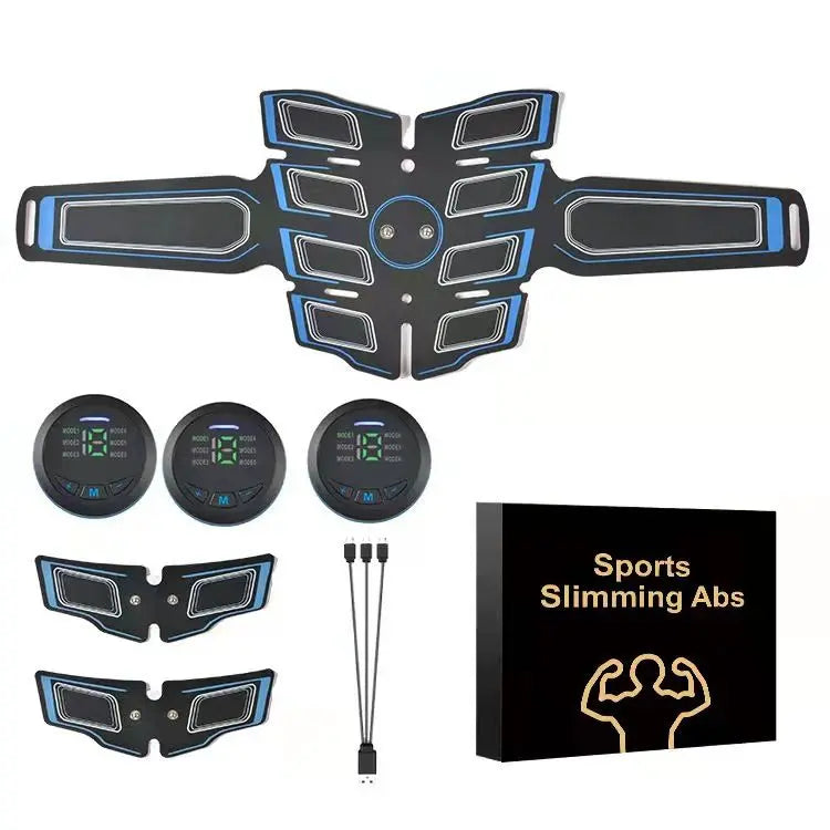 Blue EMS Muscle Stimulator Belt Set - Rechargeable Abdominal Toning Trainer with Multiple Pads and Modes Wholesale Hub