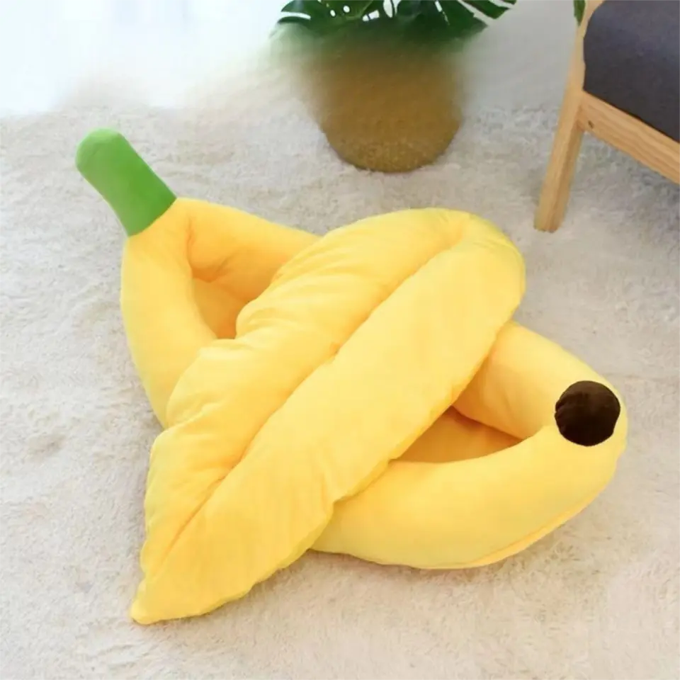 Banana Boat Pet Bed Plush Soft Dog Cat Nest with Cushion Warm Cozy Banana Shape Pet House for Small Medium Dogs Cats(Size: S) Wholesale Hub