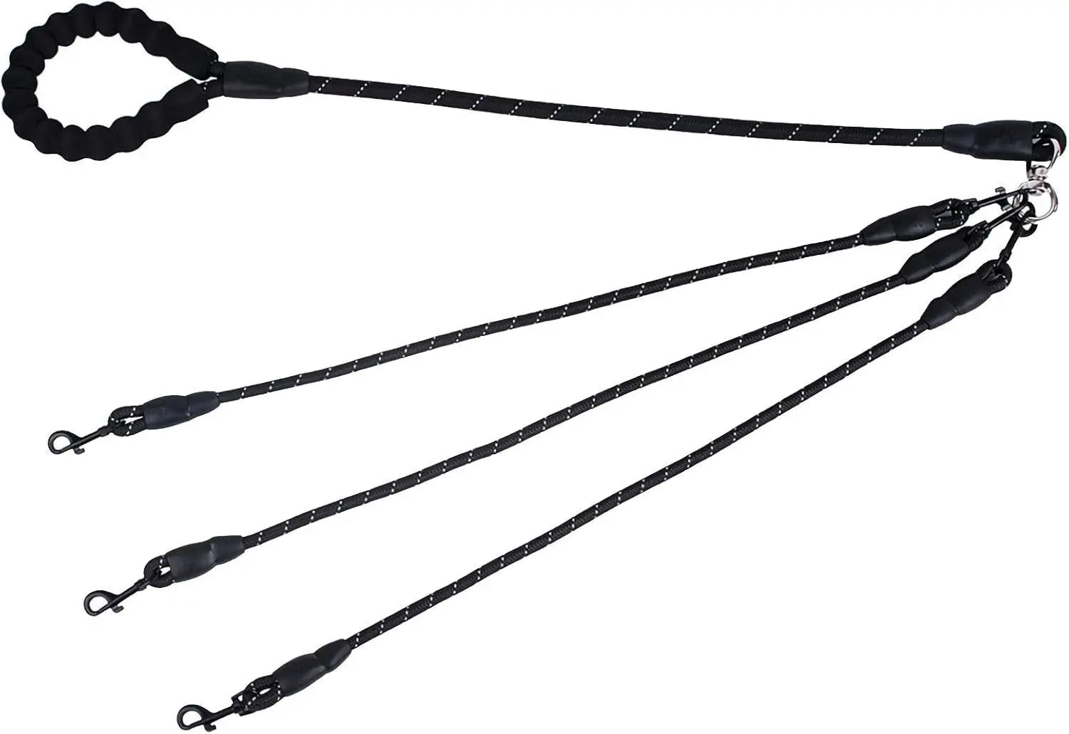 Black 3-in-1 No-Tangle Dog Leash for 1-3 Small Large Dogs – Heavy Duty 360° Swivel Bungee Coupler with Reflective Nylon Braid & Padded Handle Wholesale Hub