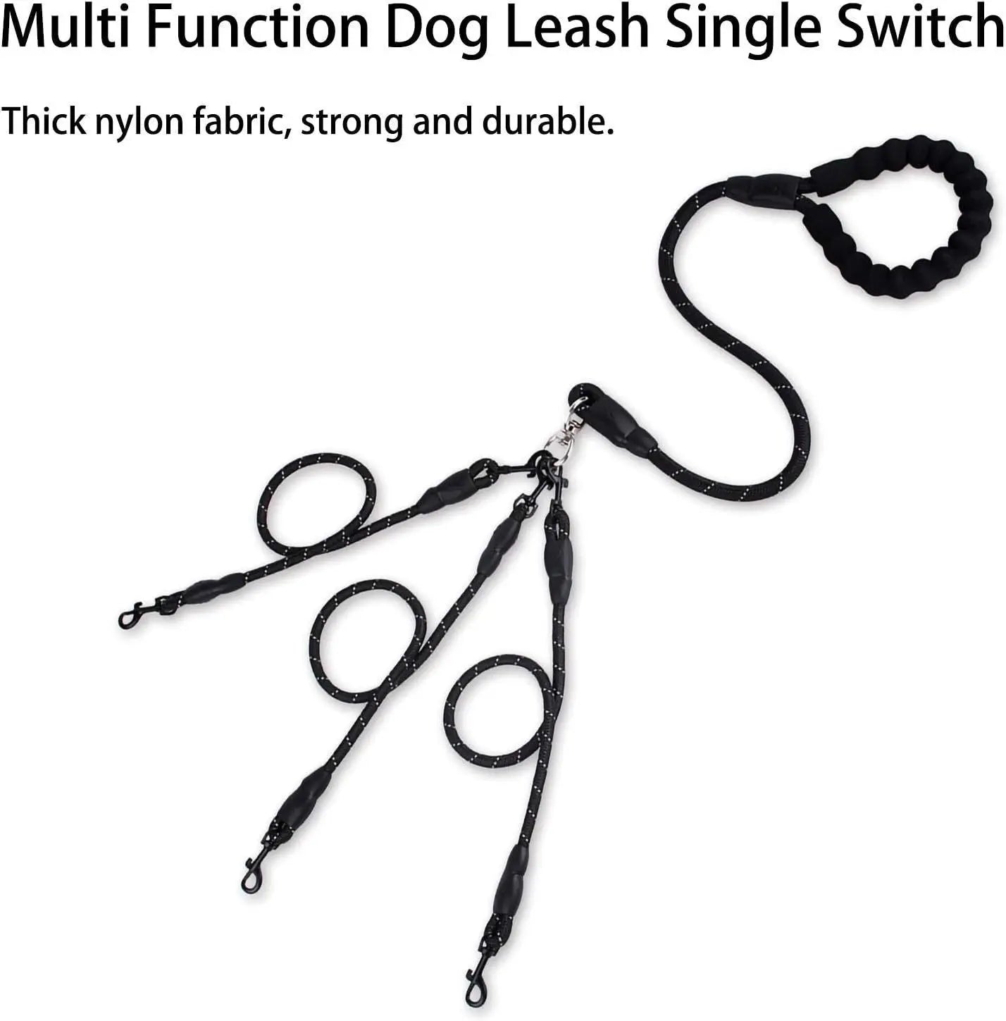 Black 3-in-1 No-Tangle Dog Leash for 1-3 Small Large Dogs – Heavy Duty 360° Swivel Bungee Coupler with Reflective Nylon Braid & Padded Handle Wholesale Hub