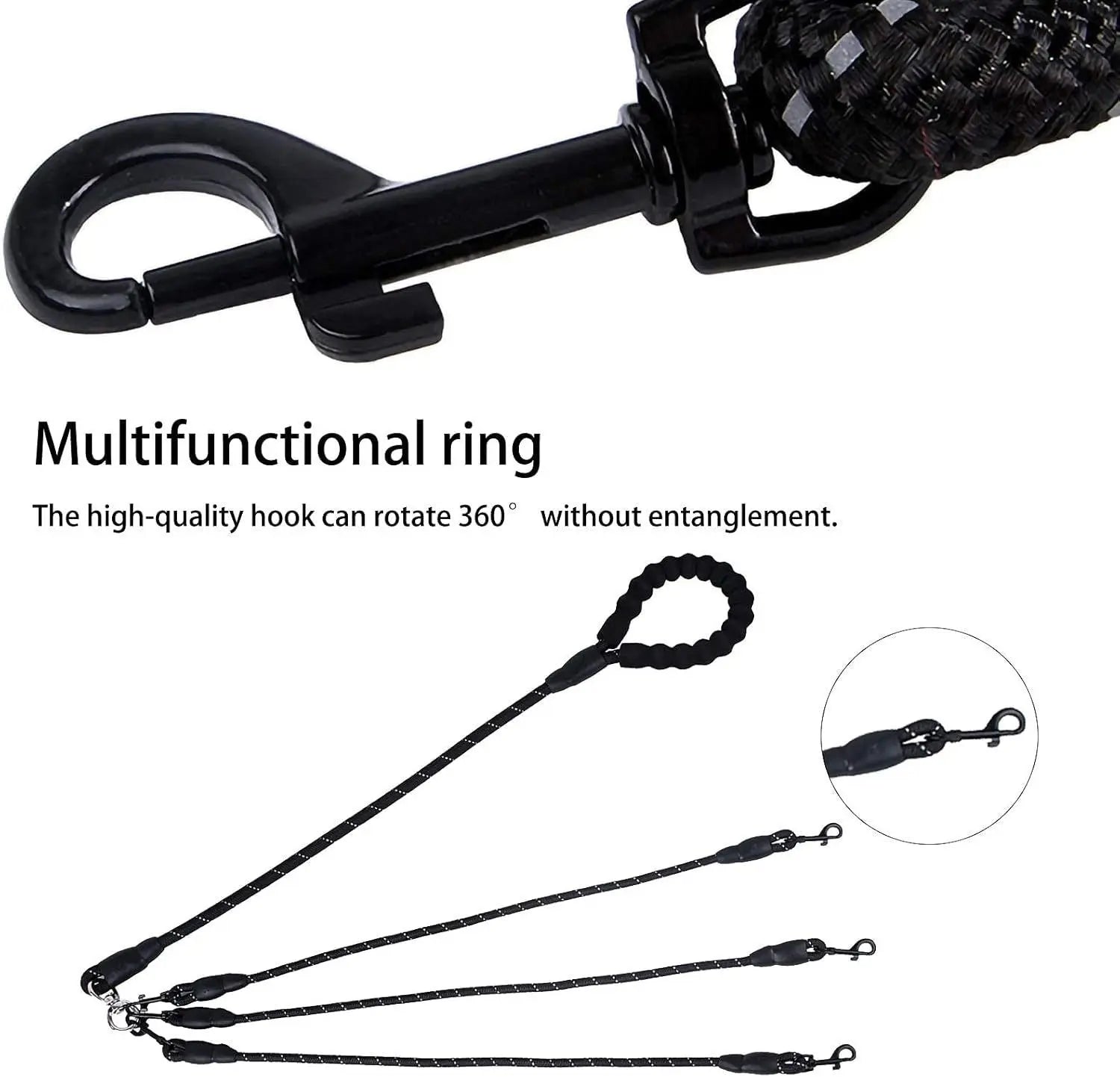 Black 3-in-1 No-Tangle Dog Leash for 1-3 Small Large Dogs – Heavy Duty 360° Swivel Bungee Coupler with Reflective Nylon Braid & Padded Handle Wholesale Hub