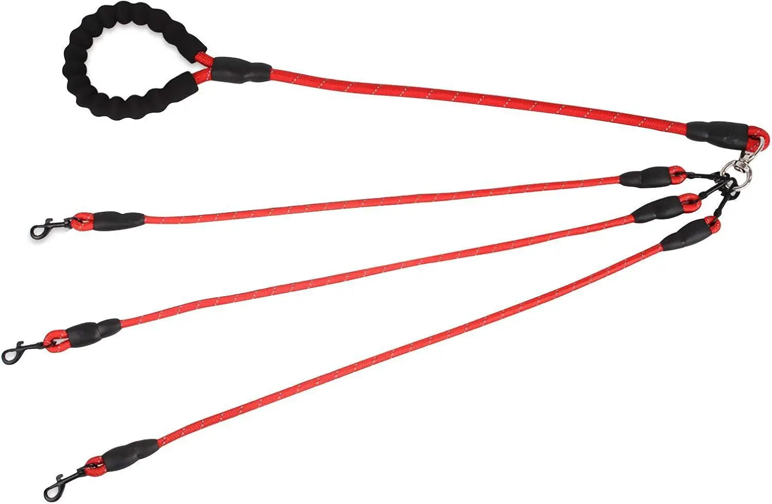 Red 3-in-1 No-Tangle Dog Leash for 1-3 Small Large Dogs – Heavy Duty 360° Swivel Bungee Coupler with Reflective Nylon Braid & Padded Handle Wholesale Hub