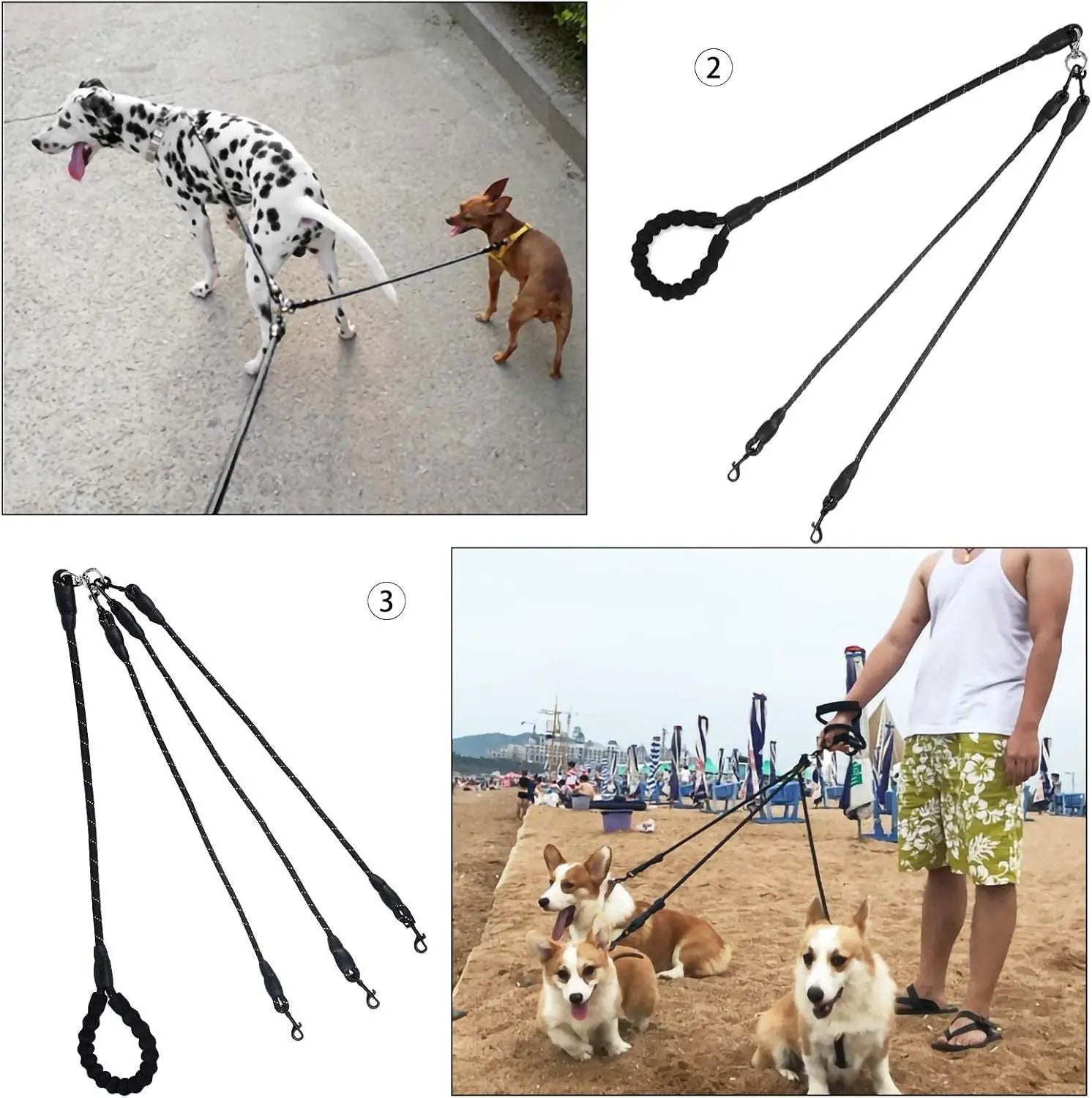 Red 3-in-1 No-Tangle Dog Leash for 1-3 Small Large Dogs – Heavy Duty 360° Swivel Bungee Coupler with Reflective Nylon Braid & Padded Handle Wholesale Hub