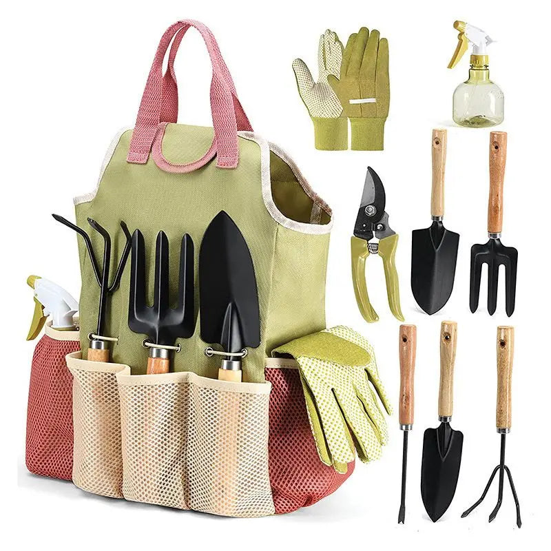 Premium 9-Piece Carbon Steel Garden Tool Set with Organizer Tote Bag – Heavy Duty Gardening Hand Kit with Ergonomic Wooden Handles, Spray Bottle, and Protective Gloves, Perfect Horticulture Gift for Women Wholesale Hub