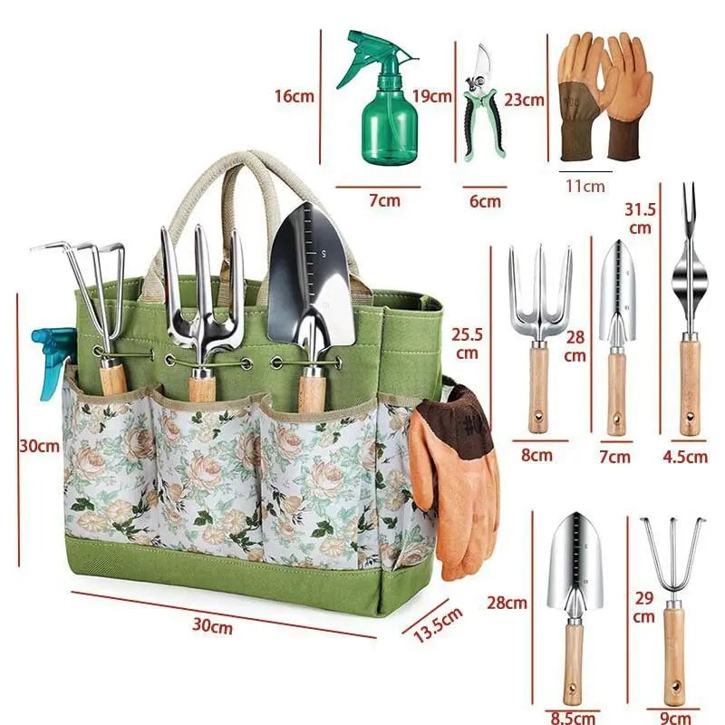 Premium 9-Piece Stainless Steel Garden Tool Set with Durable Storage Tote Bag – Heavy Duty Gardening Hand Kit with Ergonomic Wooden Handles, Pruning Shears and Spray Bottle Wholesale Hub