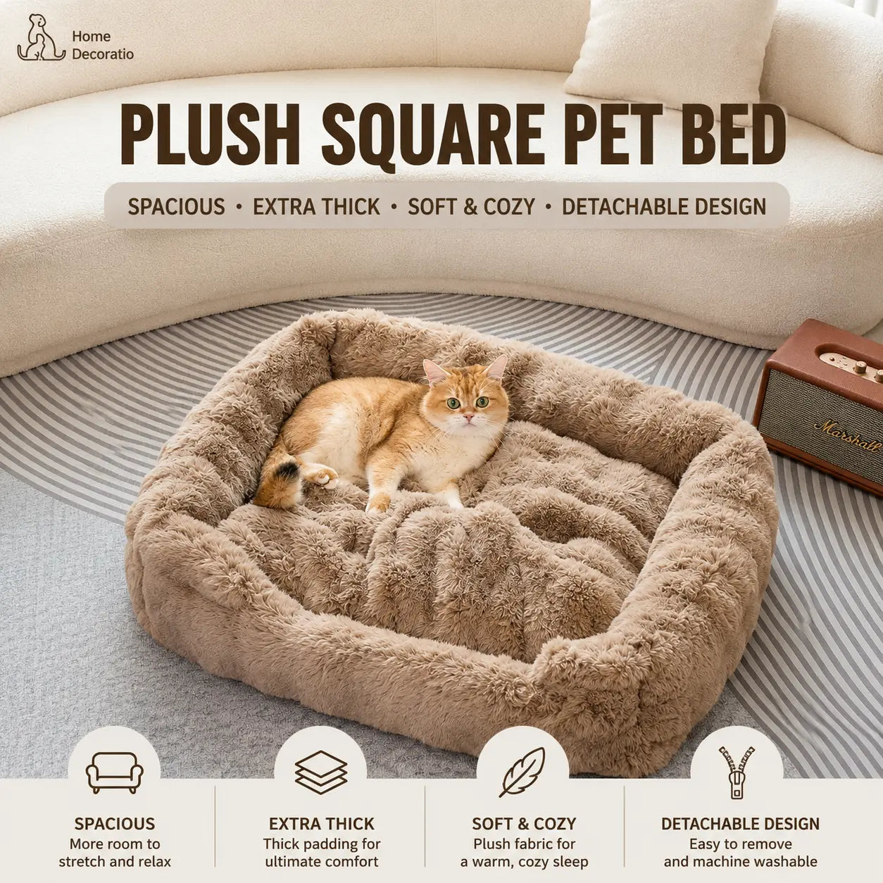 Brown Bubble Plush Pet Sofa Bed with Removable Cushion M Size 70*55*23 cm – Ultra-Soft Winter Thickened Warm Pet Nest with Raised Bolster Edges, Washable Plush Cover and Non-Slip Base, Cozy and Soft Sleeping Space for Dog & Cat Home Use Wholesale Hub