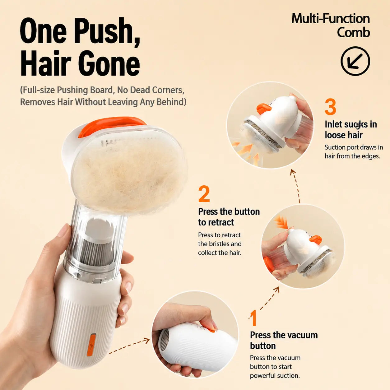 White Rechargeable Pet Grooming Vacuum Brush and Hair Deshedding Comb with 140° Curved Pin Comb & Removable Collection Chamber, 4-in-1 Self-Cleaning Slicker Brush, Detangling Rake, Silicone Cleaning Brush & Blow Nozzle for Cats and Dogs Wholesale Hub