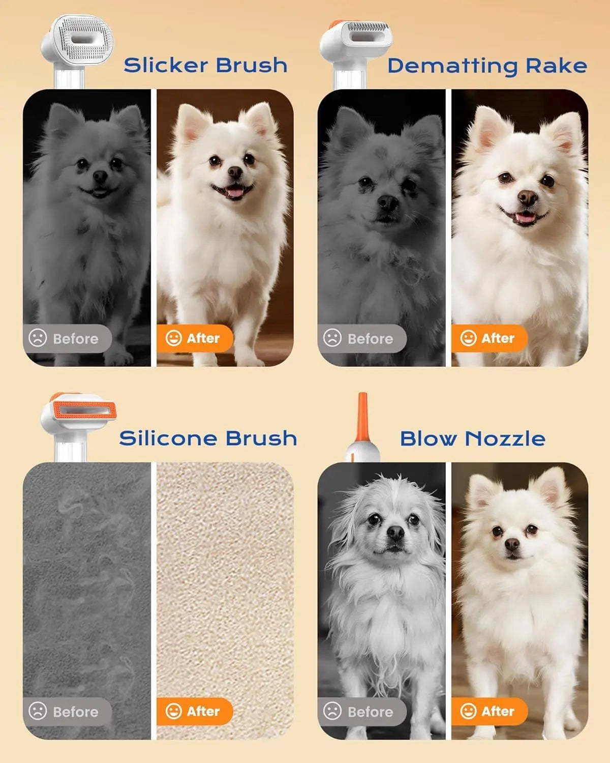 White Rechargeable Pet Grooming Vacuum Brush and Hair Deshedding Comb with 140° Curved Pin Comb & Removable Collection Chamber, 4-in-1 Self-Cleaning Slicker Brush, Detangling Rake, Silicone Cleaning Brush & Blow Nozzle for Cats and Dogs Wholesale Hub