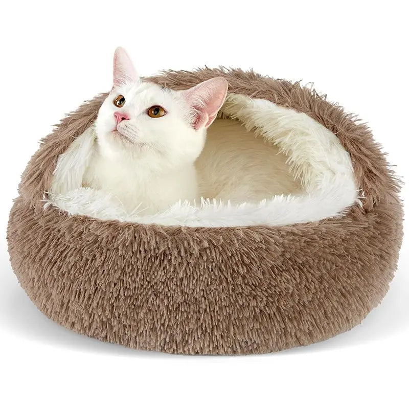 Brown Winter Long Plush Round Donut Cat Bed XL Size Dia 60CM - Soft Fluffy Semi-Enclosed Pet Cave Bed with Non-Slip Base, Machine Washable for Cats Dogs Home and Travel Use Wholesale Hub
