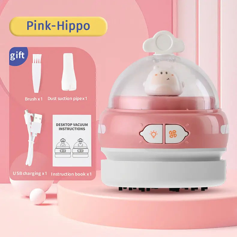 Pink-Hippo Mini Animal Desktop Vacuum Cleaner - USB Rechargeable, Night Light, 2-Speed Suction, Detachable & Washable - Portable Handheld Cleaner for Keyboard, Eraser Shavings, Desk Wholesale Hub