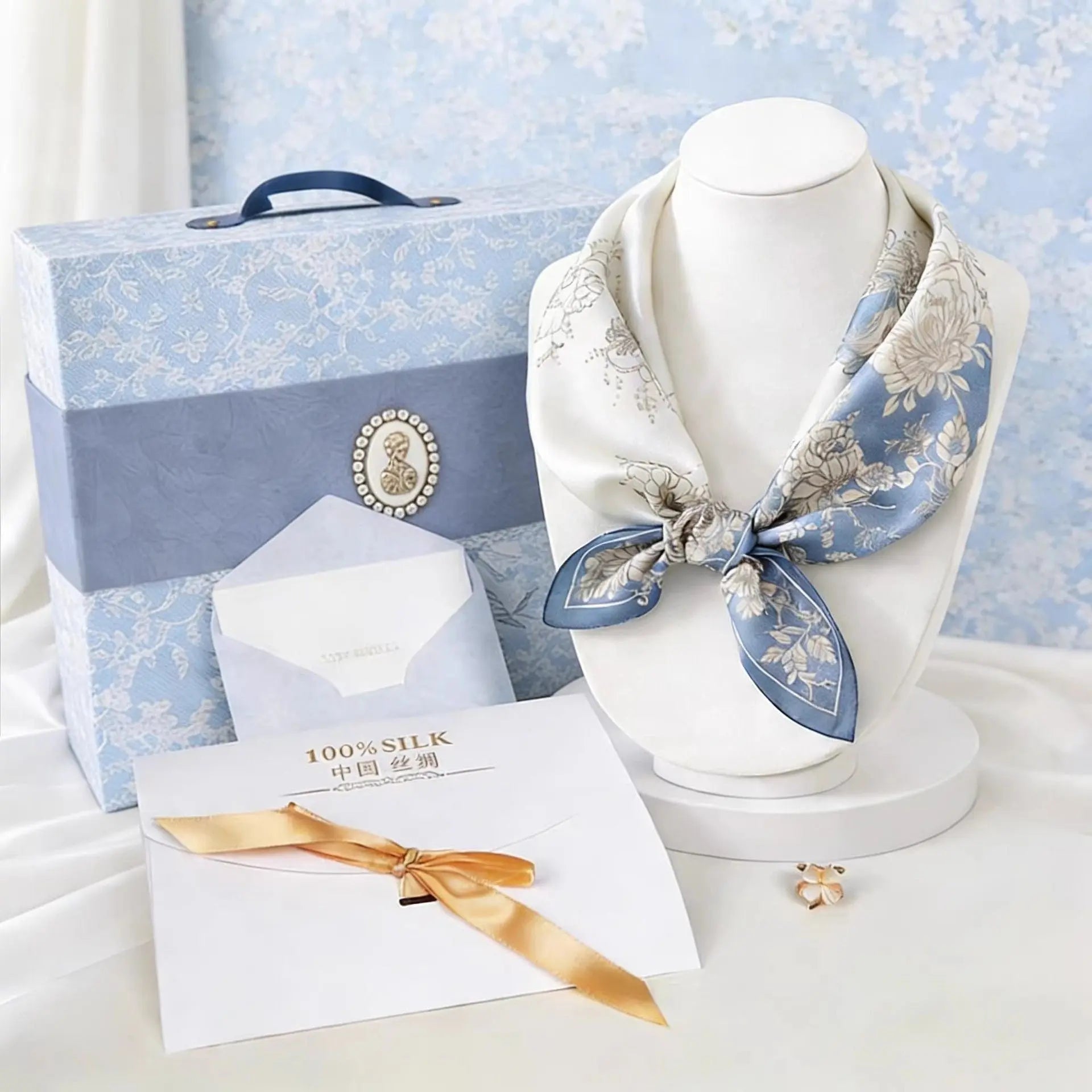 Mulberry Silk Square Scarf for Women - 53x53cm Floral Print Neck Scarf with Gift Box, Soft Lightweight Silk Headscarf for Birthday, Anniversary - Elegant Gift for Mum, Grandma, Teachers Wholesale Hub