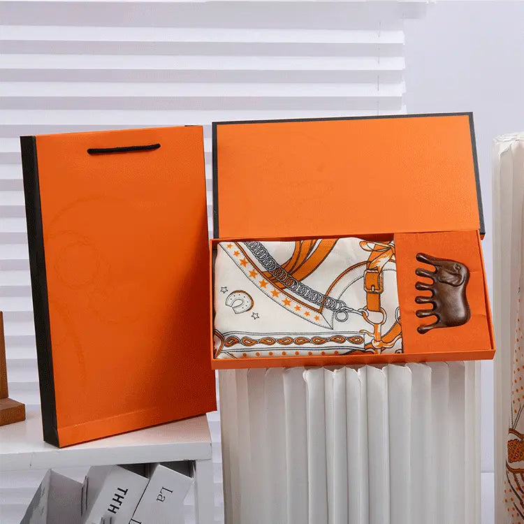 Luxury Orange Scarf Gift Set for Women - 70x70cm Belt Buckle Print Square Scarf with Elephant Comb, Stylish Neck Scarf & Hair Comb Set in Gift Box - Perfect Present for Birthday, Mother's Day, Anniversary Wholesale Hub