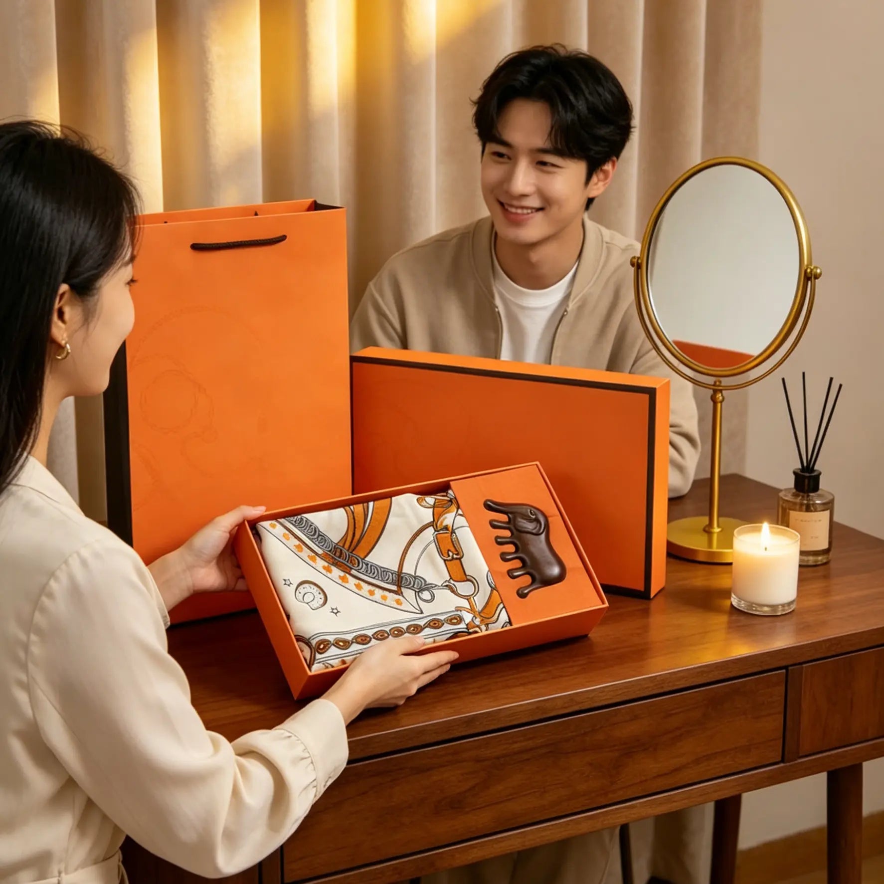 Luxury Orange Scarf Gift Set for Women - 70x70cm Belt Buckle Print Square Scarf with Elephant Comb, Stylish Neck Scarf & Hair Comb Set in Gift Box - Perfect Present for Birthday, Mother's Day, Anniversary Wholesale Hub