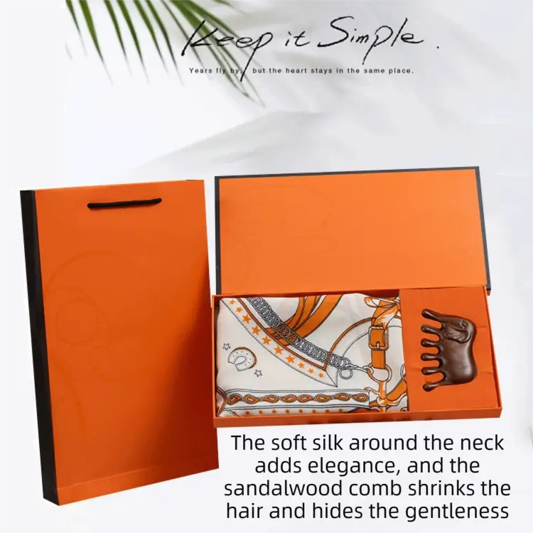 Luxury Orange Scarf Gift Set for Women - 70x70cm Belt Buckle Print Square Scarf with Elephant Comb, Stylish Neck Scarf & Hair Comb Set in Gift Box - Perfect Present for Birthday, Mother's Day, Anniversary Wholesale Hub