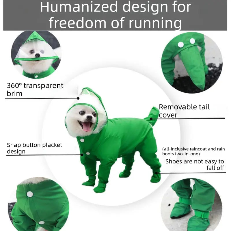 Green S size Full Coverage Pet Raincoat Jumpsuit Waterproof Dog Rain Suit with Attached Shoes and Tail Cover-Lightweight Hooded Dog Poncho for Small Dogs Wholesale Hub