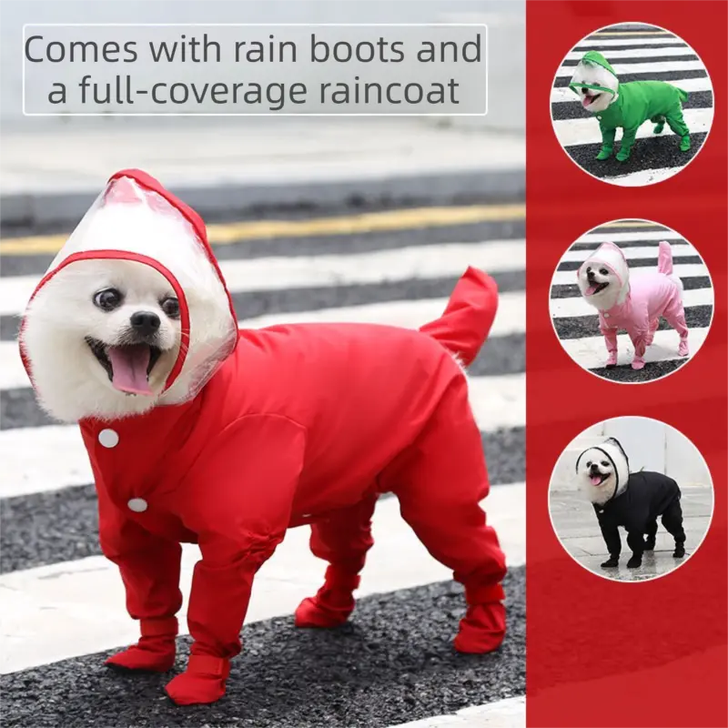 Green M size Full Coverage Pet Raincoat Jumpsuit Waterproof Dog Rain Suit with Attached Shoes and Tail Cover-Lightweight Hooded Dog Poncho for Small Dogs Wholesale Hub
