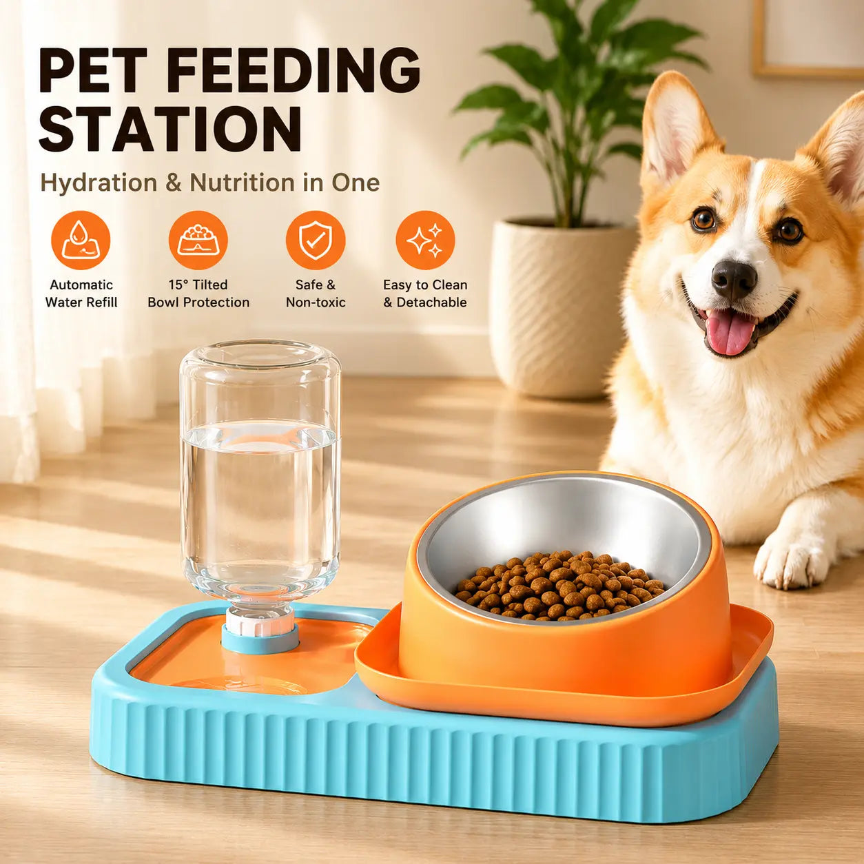 Blue and Orange Cat & Dog Feeding Station with Water Dispenser – Elevated Stainless Steel Pet Bowl Set with Slow Feeder, Anti-Spill Design and Automatic Water Supply Wholesale Hub