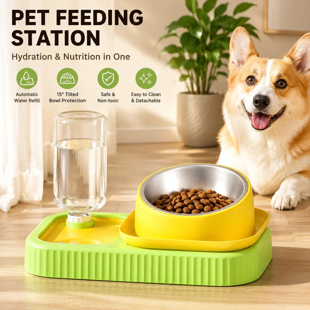 Yellow and Green Cat & Dog Feeding Station with Water Dispenser – Elevated Stainless Steel Pet Bowl Set with Slow Feeder, Anti-Spill Design and Automatic Water Supply Wholesale Hub