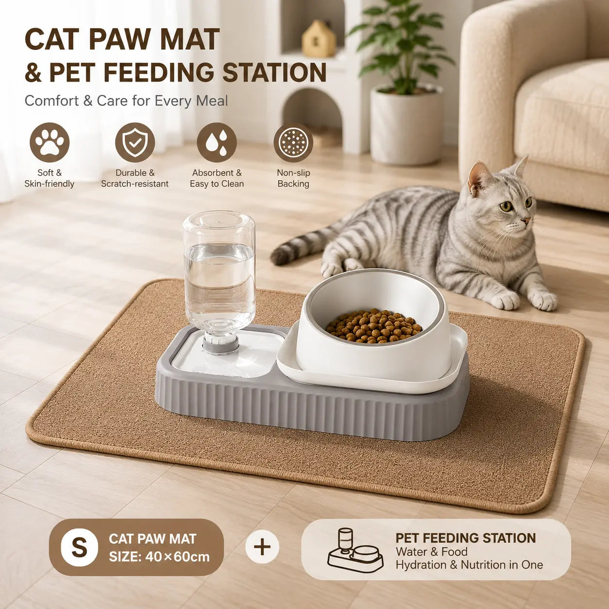 2 pcs Grey and White Cat Feeding Station with Water Dispenser & Slow Feeder Bowl Plus Cat Scratching Mat Set Brown 40x60cm Pet Dining and Furniture Protection Bundle Wholesale Hub