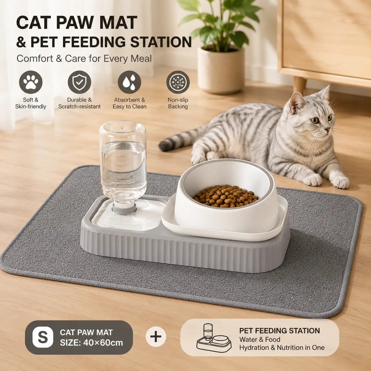 2 pcs Grey and White Cat Feeding Station with Water Dispenser & Slow Feeder Bowl Plus Cat Scratching Mat Set Gery 40x60cm Pet Dining and Furniture Protection Bundle Wholesale Hub