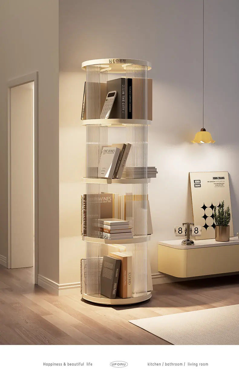 Rotating circular bookshelf with four layers- Cream White Multi-Layer Storage Rack, 40.5x40.5x135.5cm (ABS+PET) Wholesale Hub