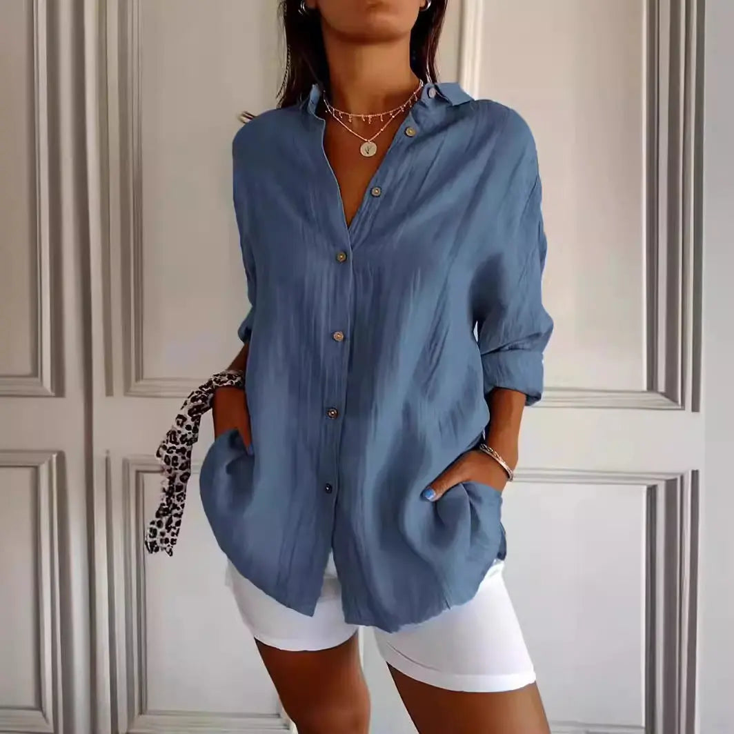 Lapel Long Sleeve Shirt Womens Single-breasted Pleated Shirt Tops Wholesale Hub